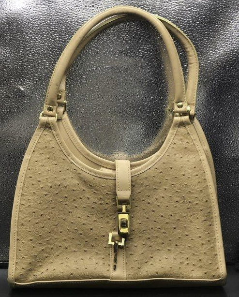 Vintage Cream Ostrich Embossed Top Handle Shoulder Bag Elegant Classic Neutral Handbag