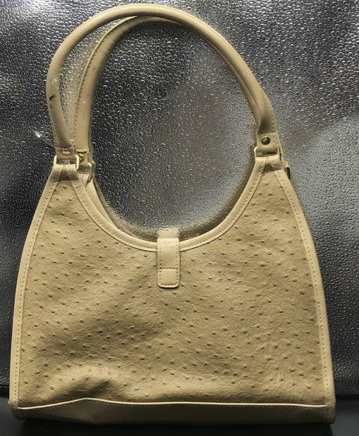 Vintage Cream Ostrich Embossed Top Handle Shoulder Bag Elegant Classic Neutral Handbag