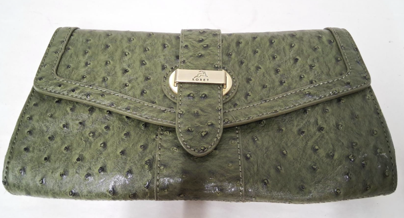 Koret Olive Green Ostrich Embossed Wristlet Clutch Vintage Textured Evening Handbag