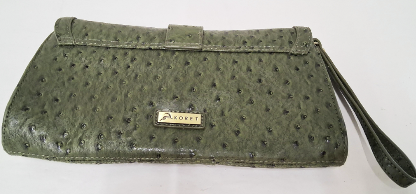 Koret Olive Green Ostrich Embossed Wristlet Clutch Vintage Textured Evening Handbag