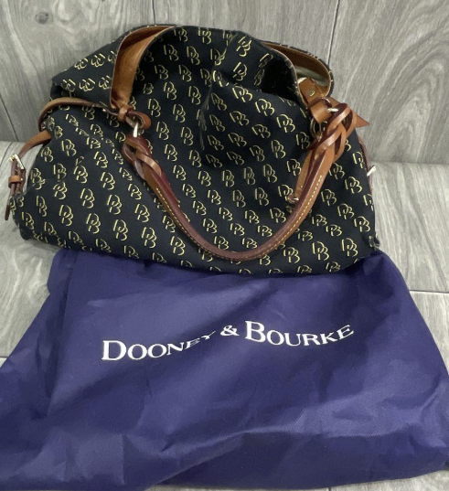 Dooney & Bourke Navy Monogram Canvas Shoulder Bag With Leather Trim Designer Handbag