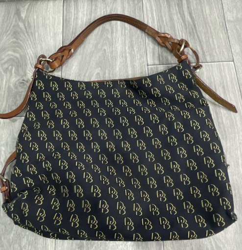 Dooney & Bourke Navy Monogram Canvas Shoulder Bag With Leather Trim Designer Handbag