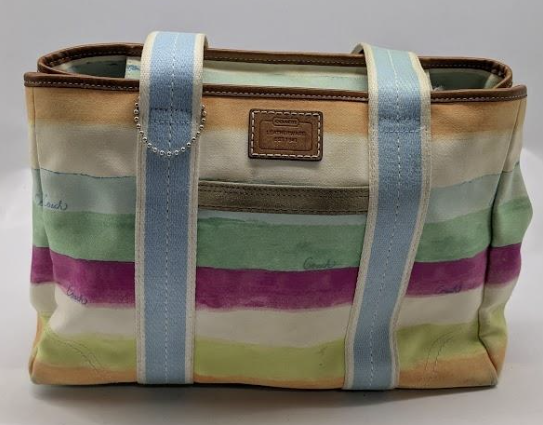 Coach Watercolor Pastel Stripe Canvas Leather Trim Hampton Tote Bag Designer Handbag