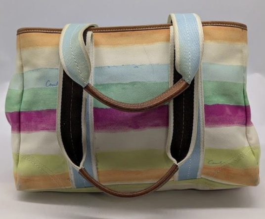 Coach Watercolor Pastel Stripe Canvas Leather Trim Hampton Tote Bag Designer Handbag