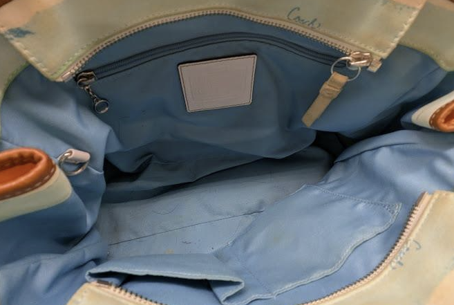 Coach Watercolor Pastel Stripe Canvas Leather Trim Hampton Tote Bag Designer Handbag