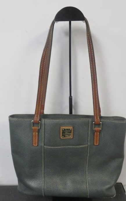 Dooney & Bourke Slate Blue Pebbled Leather Tote Bag British Tan Strap Shoulder Purse