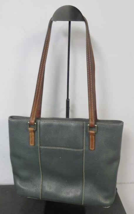 Dooney & Bourke Slate Blue Pebbled Leather Tote Bag British Tan Strap Shoulder Purse