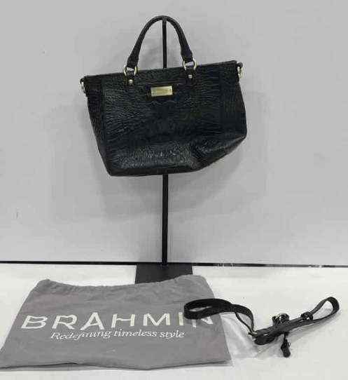 Brahmin Black Croc Embossed Leather Satchel Tote | Convertible Shoulder Bag with Strap & Dust Bag
