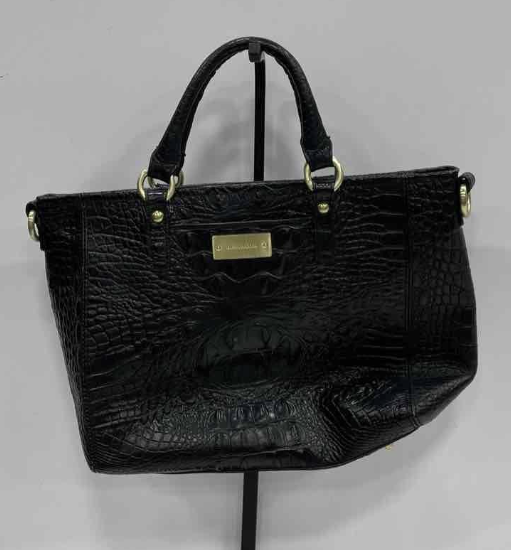Brahmin Black Croc Embossed Leather Satchel Tote | Convertible Shoulder Bag with Strap & Dust Bag