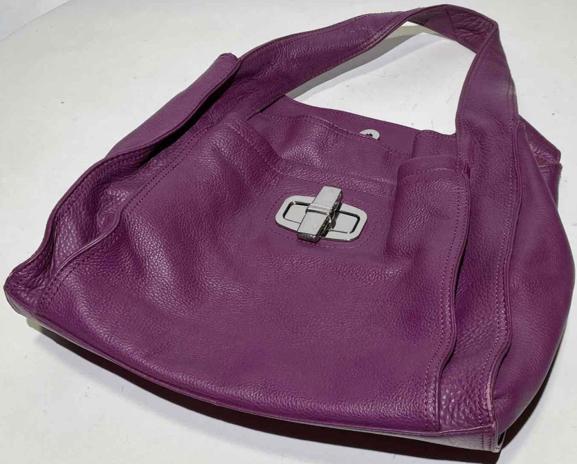 B Makowsky Purple Pebbled Leather Shoulder Bag Turn Lock Leopard Lined Hobo Purse