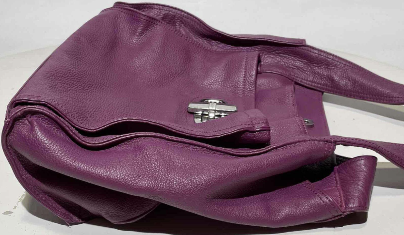 B Makowsky Purple Pebbled Leather Shoulder Bag Turn Lock Leopard Lined Hobo Purse