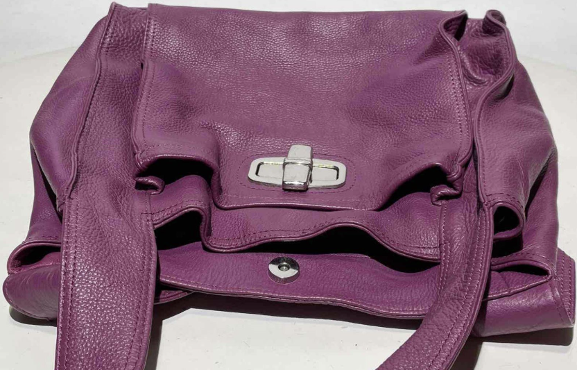 B Makowsky Purple Pebbled Leather Shoulder Bag Turn Lock Leopard Lined Hobo Purse