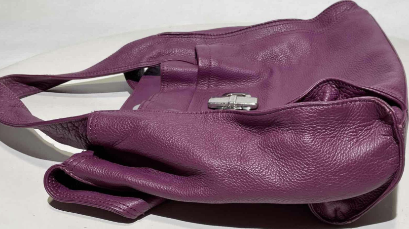 B Makowsky Purple Pebbled Leather Shoulder Bag Turn Lock Leopard Lined Hobo Purse