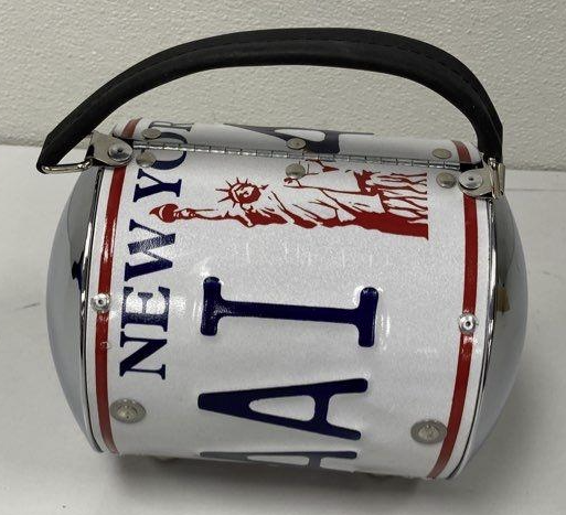 Little Earth New York License Plate Novelty Barrel Handbag with Cream Soda Cap Clasp