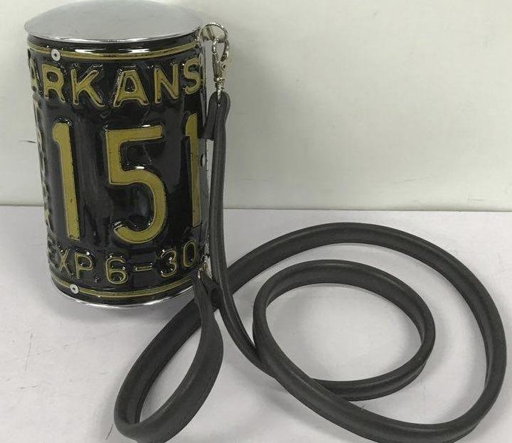 Little Earth Arkansas License Plate Crossbody Bag 1998 Black Yellow Metal Barrel Purse