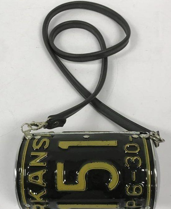 Little Earth Arkansas License Plate Crossbody Bag 1998 Black Yellow Metal Barrel Purse