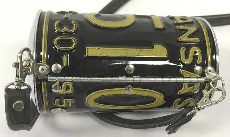 Little Earth Arkansas License Plate Crossbody Bag 1998 Black Yellow Metal Barrel Purse