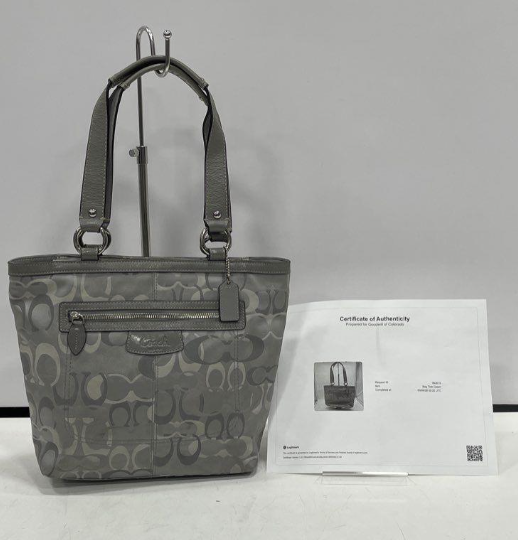 Coach Silver Signature Tote Shoulder Bag Gray Jacquard Leather Trim COA Included