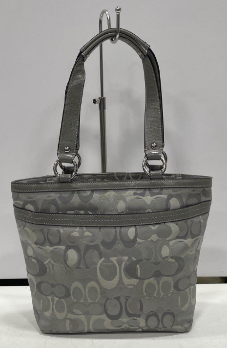Coach Silver Signature Tote Shoulder Bag Gray Jacquard Leather Trim COA Included