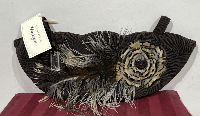 Vintage Lindas Line Brown Corded Clutch Ostrich Feather Lucite Handle Statement Purse