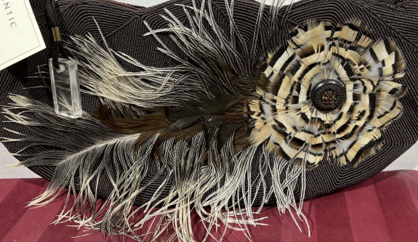 Vintage Lindas Line Brown Corded Clutch Ostrich Feather Lucite Handle Statement Purse
