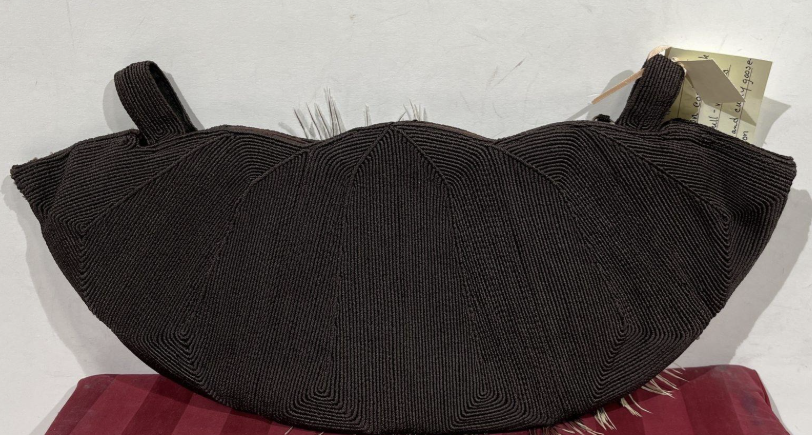 Vintage Lindas Line Brown Corded Clutch Ostrich Feather Lucite Handle Statement Purse