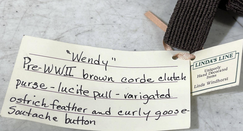 Vintage Lindas Line Brown Corded Clutch Ostrich Feather Lucite Handle Statement Purse