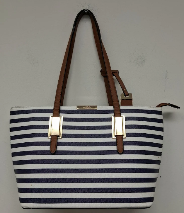 Aldo Navy Blue and White Striped Structured Handbag with Brown Accents