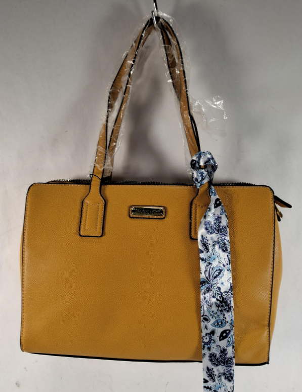 London Fog Golden Yellow Structured Satchel Tote with Scarf Accent