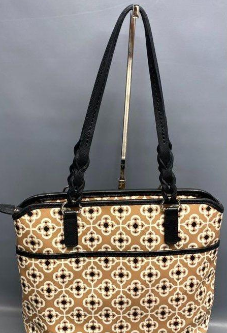 Brighton Brown Patterned Coated Canvas Top Zip Tote Bag with Black Braided Straps