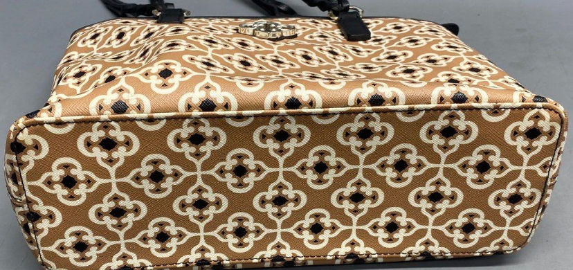 Brighton Brown Patterned Coated Canvas Top Zip Tote Bag with Black Braided Straps
