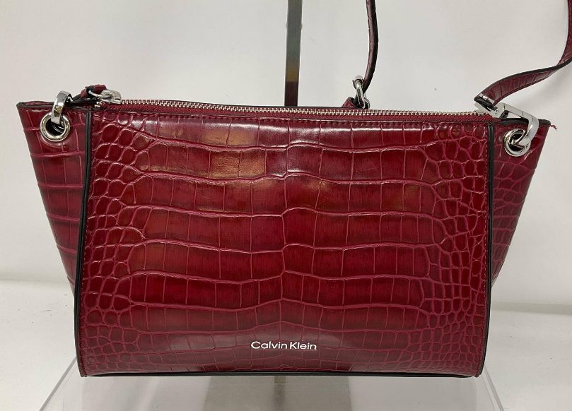 Calvin Klein Burgundy Croc Embossed Crossbody Bag Faux Leather Satchel