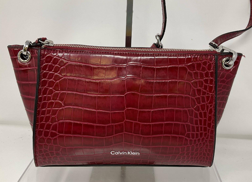 Calvin Klein Burgundy Croc Embossed Crossbody Bag Faux Leather Satchel
