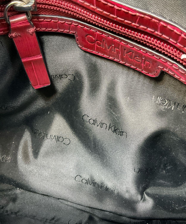 Calvin Klein Burgundy Croc Embossed Crossbody Bag Faux Leather Satchel