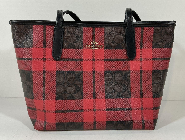 Title Coach Red Plaid Signature Coated Canvas Tote Bag with Black Leather Trim