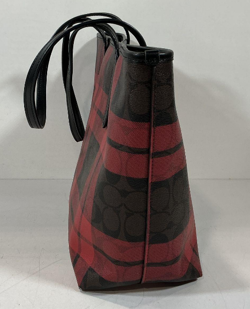 Title Coach Red Plaid Signature Coated Canvas Tote Bag with Black Leather Trim