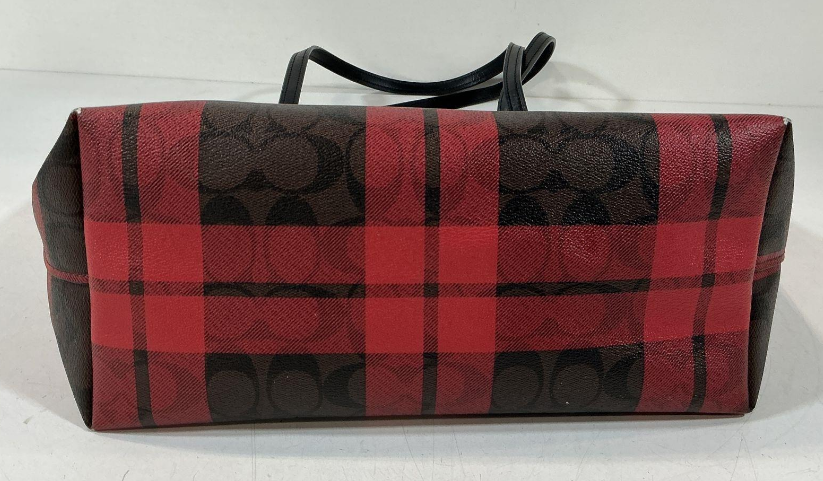 Title Coach Red Plaid Signature Coated Canvas Tote Bag with Black Leather Trim