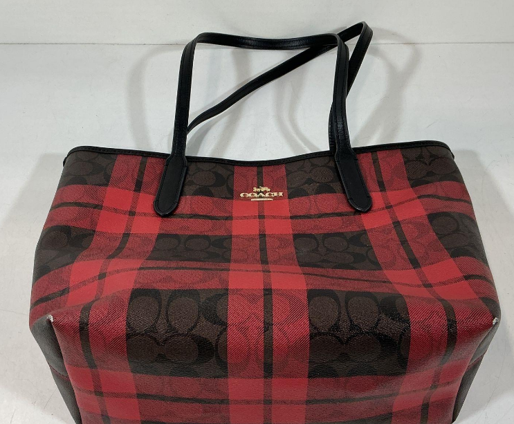 Title Coach Red Plaid Signature Coated Canvas Tote Bag with Black Leather Trim
