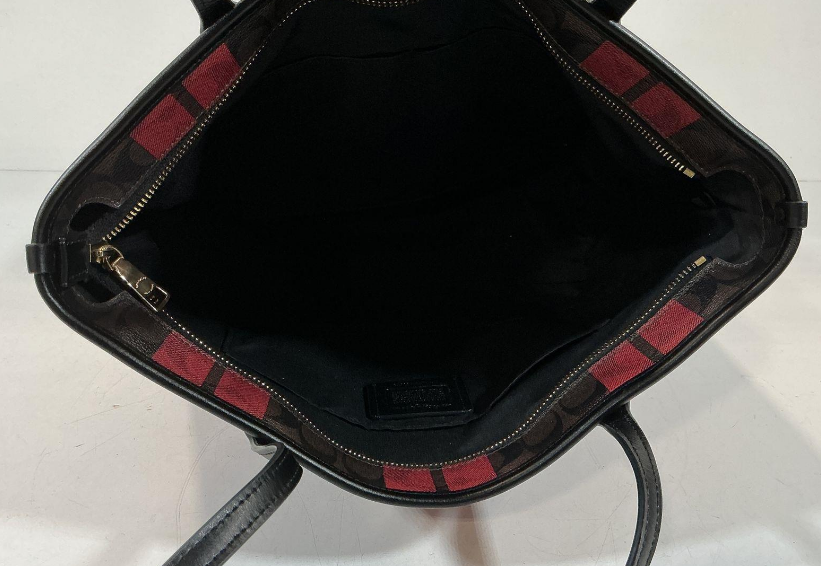 Title Coach Red Plaid Signature Coated Canvas Tote Bag with Black Leather Trim