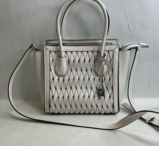 Michael Kors White Lattice Weave Pebbled Leather Satchel Crossbody Bag