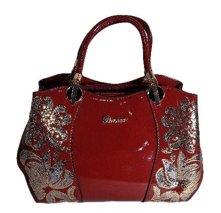 Pianne Red Patent Shoulder Bag with Floral Embellished Side Panels