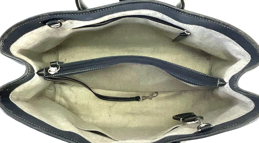 Dooney & Bourke Navy Monogram Canvas Satchel Tote with Leather Trim