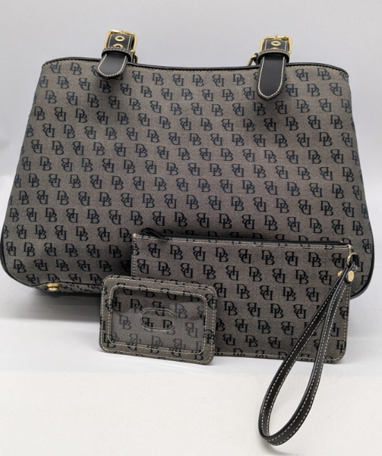 Dooney & Bourke Gray Navy Monogram Satchel with Wristlet and Card Case