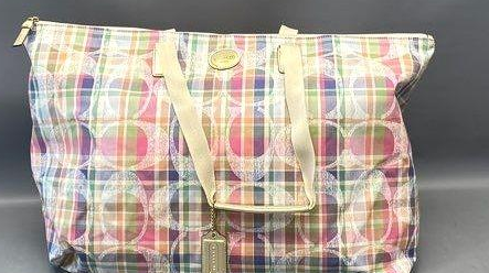 Coach Signature Pastel Check Canvas Packable Oversized Weekender Tote