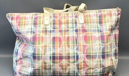 Coach Signature Pastel Check Canvas Packable Oversized Weekender Tote