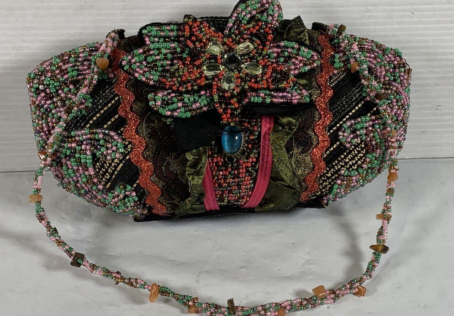 Mary Frances Floral Beaded Clutch Bag with Oval Stone Detail and Chain Strap