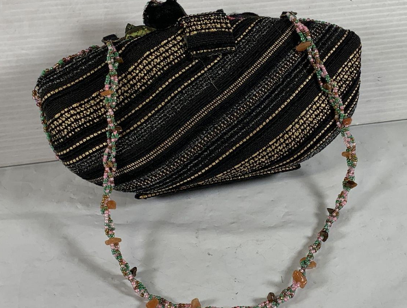 Mary Frances Floral Beaded Clutch Bag with Oval Stone Detail and Chain Strap