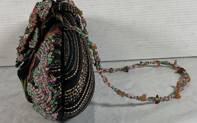 Mary Frances Floral Beaded Clutch Bag with Oval Stone Detail and Chain Strap