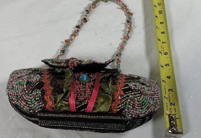 Mary Frances Floral Beaded Clutch Bag with Oval Stone Detail and Chain Strap
