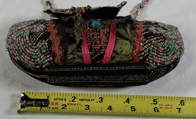 Mary Frances Floral Beaded Clutch Bag with Oval Stone Detail and Chain Strap